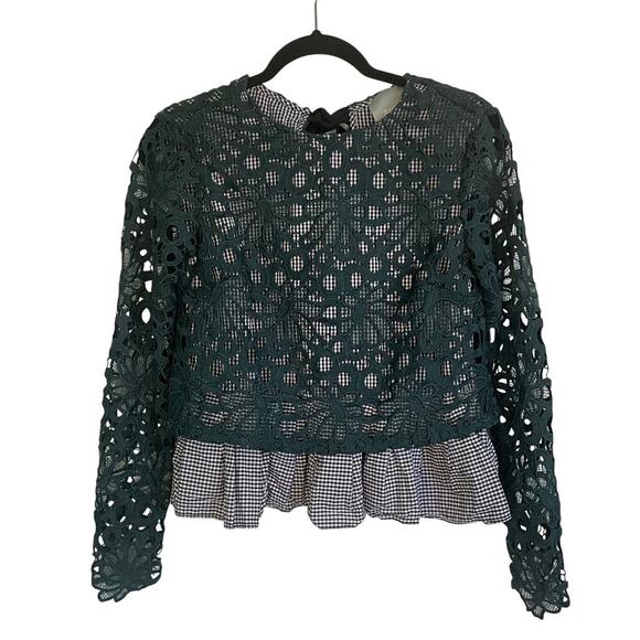 Anthropologie Maeve Green Lace Top Gabriella Gingham Peplum Hem Size XS - Picture 1 of 7